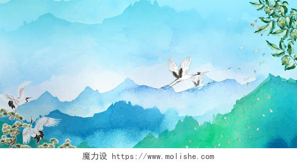 蓝色古风中国风水墨风景远山海报展板背景素材